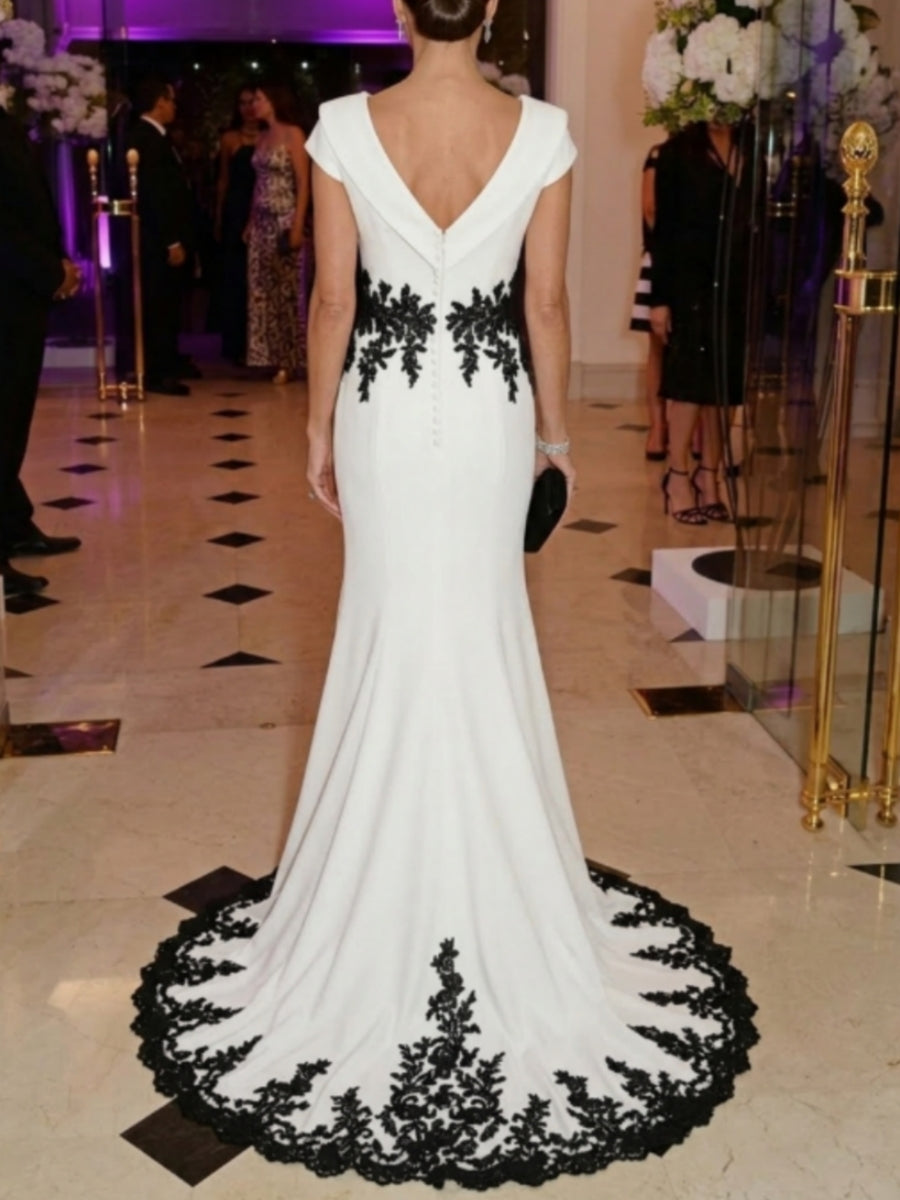 Trumpet/Mermaid V-Neck Stretch Satin Evening Dresses Cap Sleeves Floor-Length Lace Party Dresses