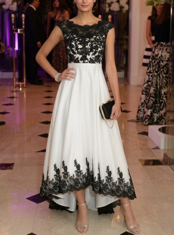 A-Line/Princess Boat Neck Satin Cocktail Dresses Sleeveless Lace Asymmetrical Tea-Length Formal Dresses