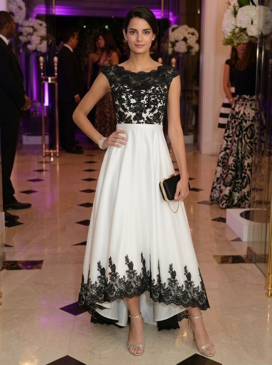 A-Line/Princess Boat Neck Satin Cocktail Dresses Sleeveless Lace Asymmetrical Tea-Length Formal Dresses