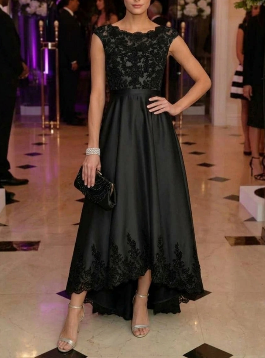 A-Line/Princess Boat Neck Satin Cocktail Dresses Sleeveless Lace Asymmetrical Tea-Length Formal Dresses