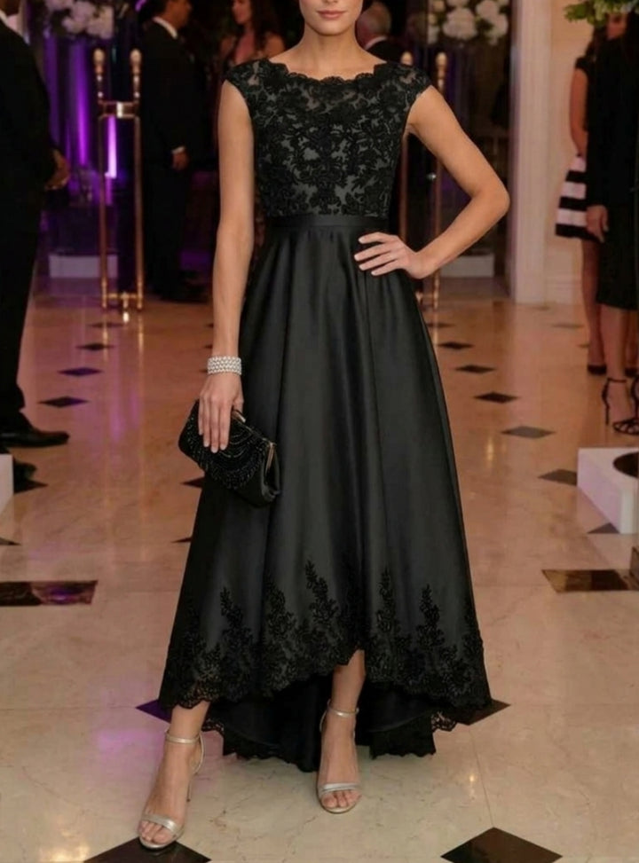 A-Line/Princess Boat Neck Satin Cocktail Dresses Sleeveless Lace Asymmetrical Tea-Length Formal Dresses