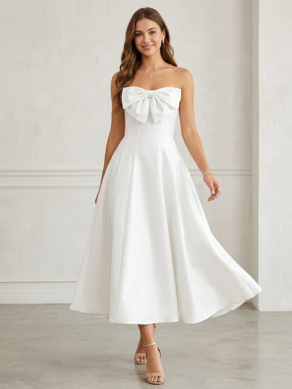 A-Line/Princess Strapless Satin Cocktail Dresses Tea-Length Sleeveless Bowknot Formal Dresses