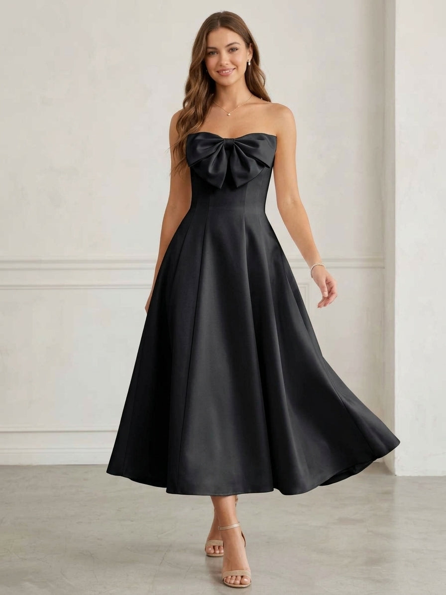 A-Line/Princess Strapless Satin Cocktail Dresses Tea-Length Sleeveless Bowknot Formal Dresses