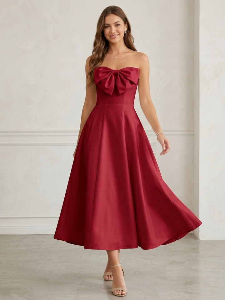 A-Line/Princess Strapless Satin Cocktail Dresses Tea-Length Sleeveless Bowknot Formal Dresses