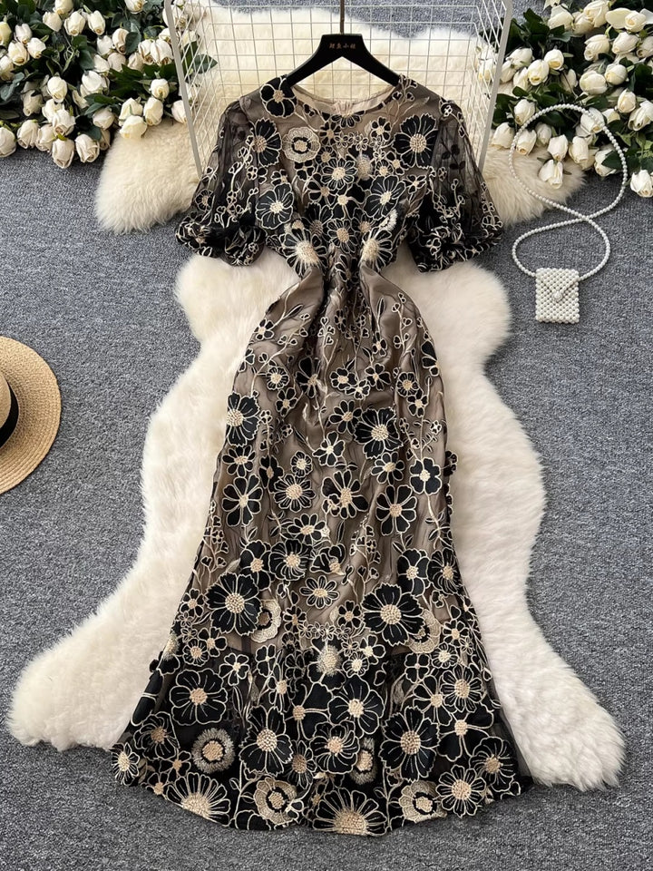 Sheath/Column Scoop Wedding Guest Dresses Lace Embroidery Tea-Length Short Sleeves Floral