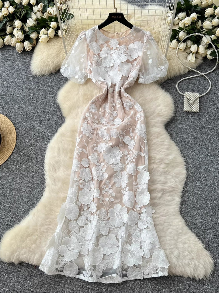 Sheath/Column Scoop Wedding Guest Dresses Lace Embroidery Tea-Length Short Sleeves Floral