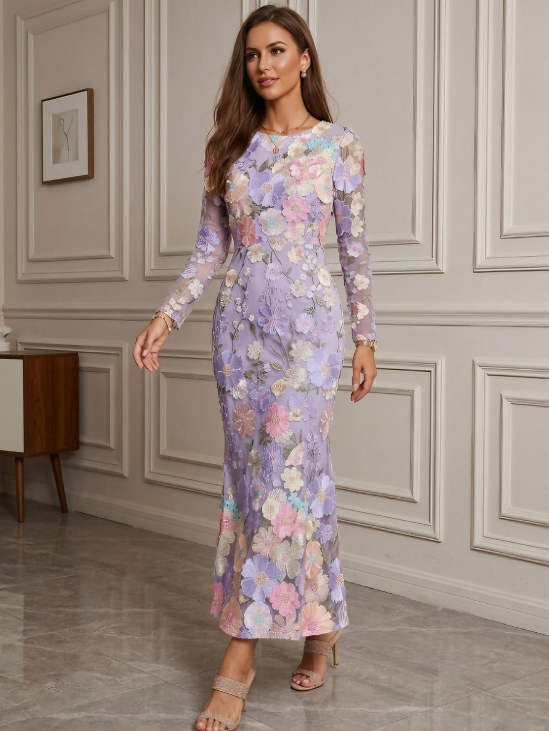 Sheath/Column Scoop Wedding Guest Dresses Lace Embroidery Ankle-Length Long Sleeves Floral