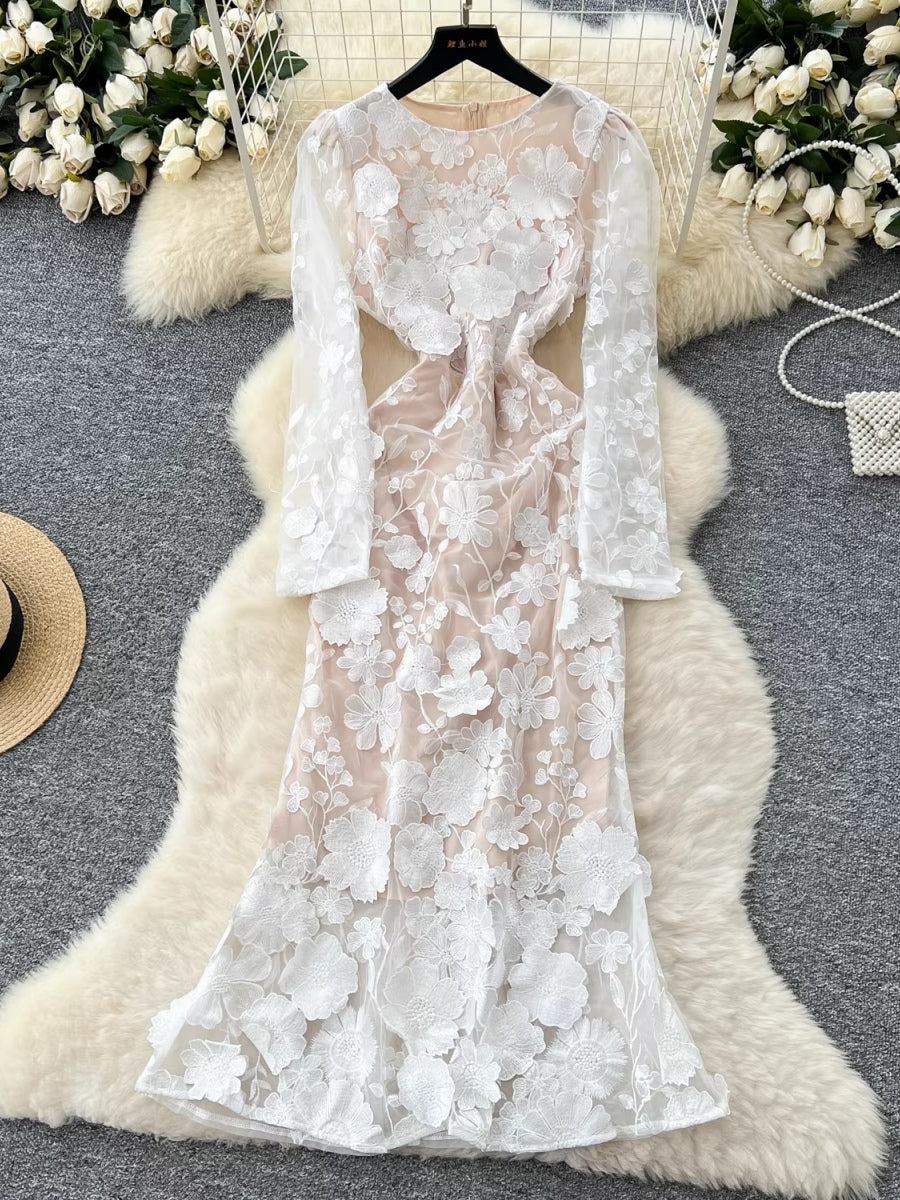 Sheath/Column Scoop Wedding Guest Dresses Lace Embroidery Ankle-Length Long Sleeves Floral