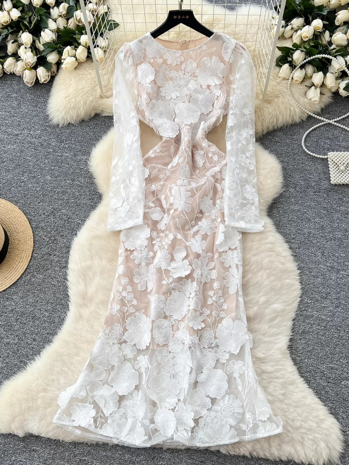 Sheath/Column Scoop Wedding Guest Dresses Lace Embroidery Ankle-Length Long Sleeves Floral