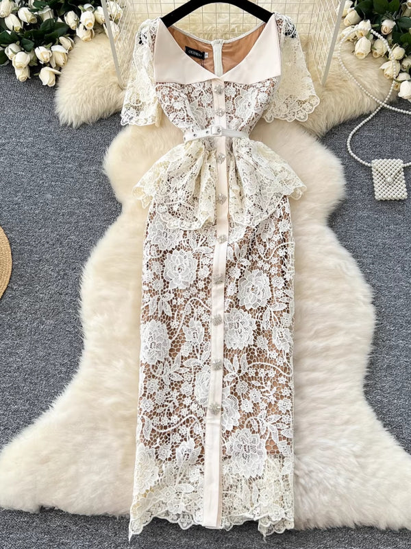 Sheath/Column V-Neck Lace Wedding Guest Dresses Tea-Length Short Sleeves Floral Belt Rhinestones Buckle