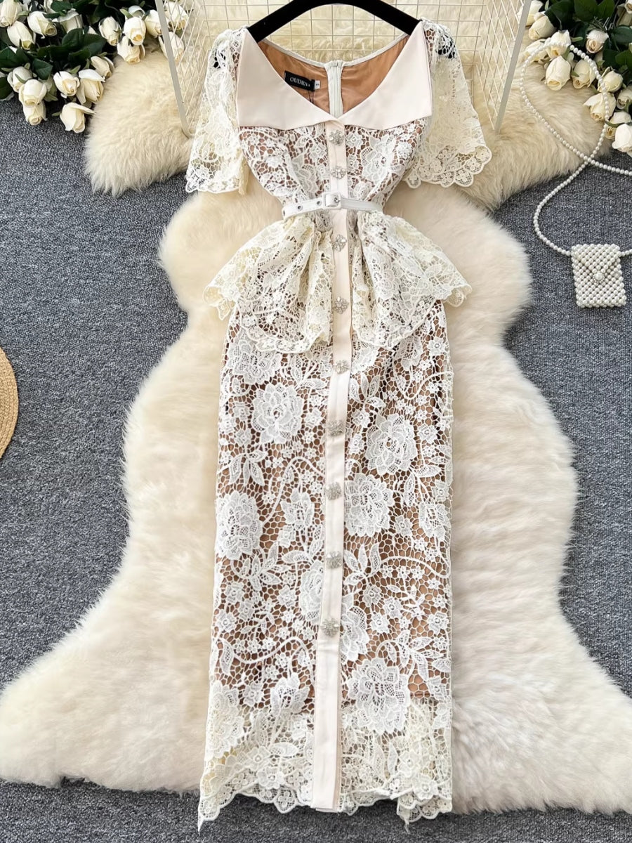 Sheath/Column V-Neck Lace Wedding Guest Dresses Tea-Length Short Sleeves Floral Belt Rhinestones Buckle, Ivory / S