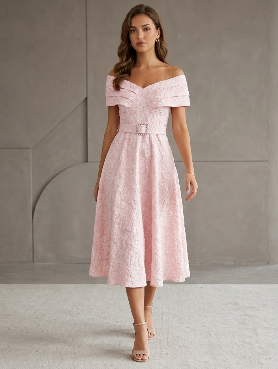 A-Line/Princess Off-the-Shoulder Jacquard Wedding Guest Dresses Tea-Le - Mondressy A-Line/Princess Off-the-Shoulder Jacquard Wedding Guest Dresses Tea-Le - Mondressy