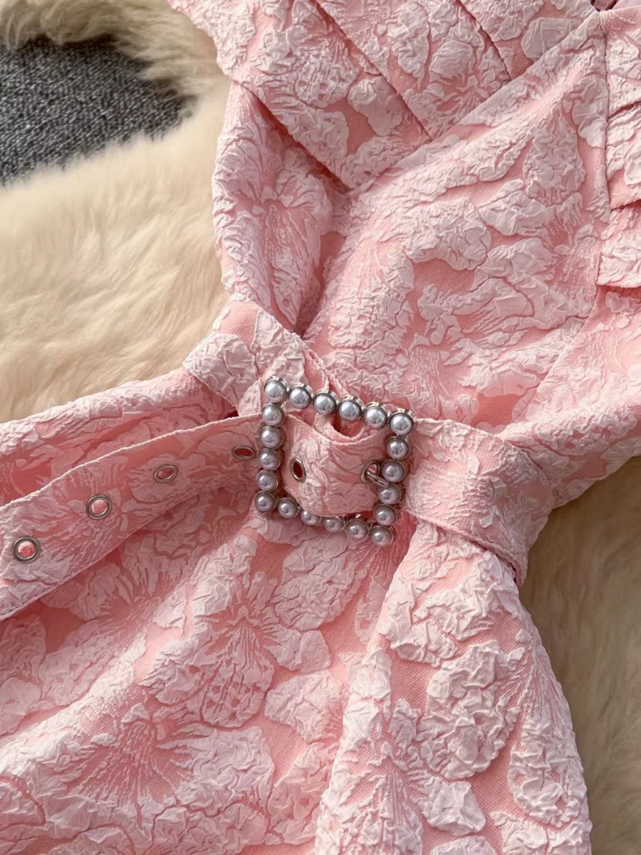 A-Line/Princess Off-the-Shoulder Jacquard Wedding Guest Dresses Tea-Length Sleeveless Floral Belt