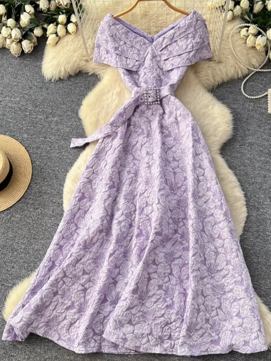 jacquard wedding guest dress A-Line/Princess Off-the-Shoulder Jacquard Wedding Guest Dresses Tea-Length Sleeveless Floral Belt Lilac