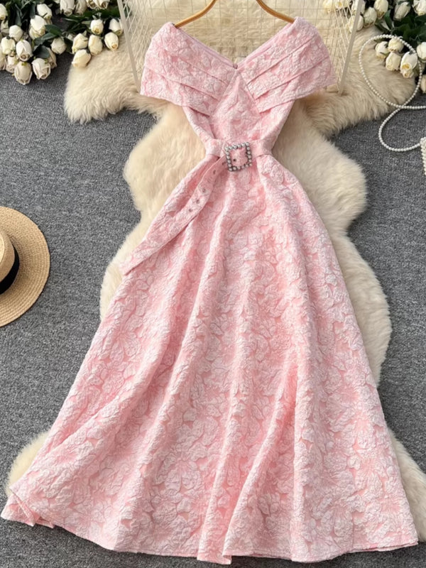 A-Line/Princess Off-the-Shoulder Jacquard Wedding Guest Dresses Tea-Length Sleeveless Floral Belt