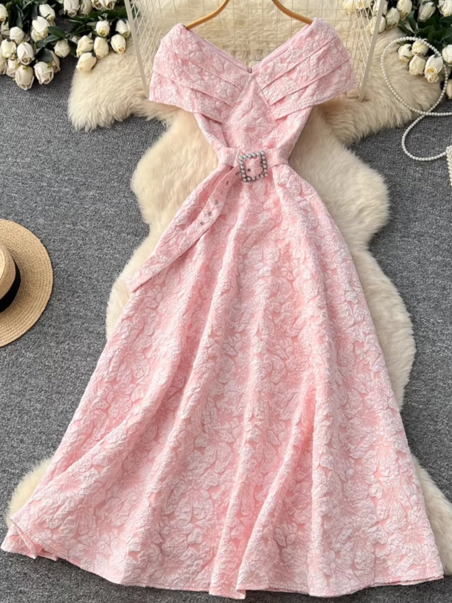 jacquard wedding guest dress A-Line/Princess Off-the-Shoulder Jacquard Wedding Guest Dresses Tea-Length Sleeveless Floral Belt, Pink / S
