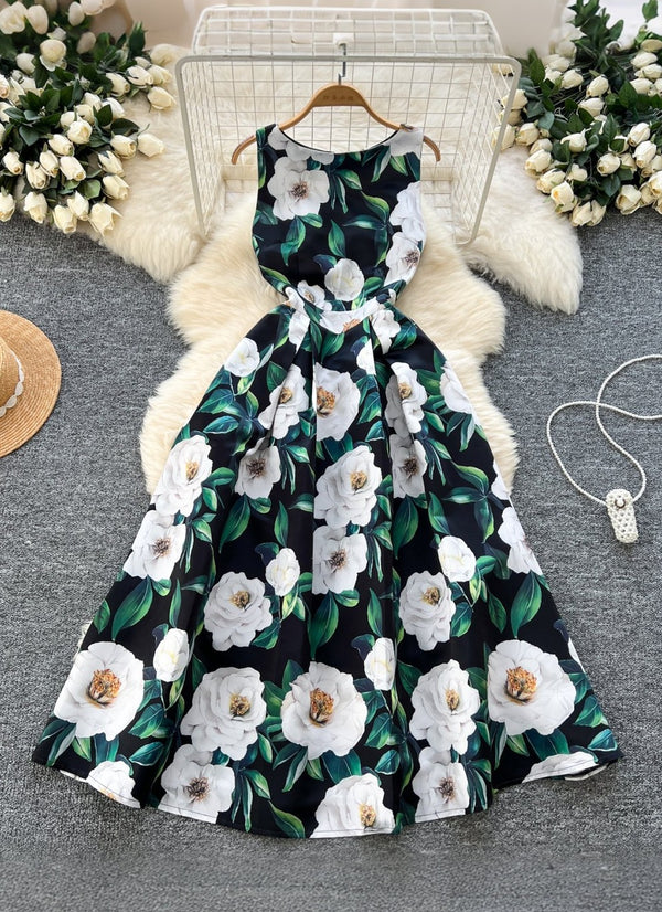 A-Line/Princess Scoop Printed Wedding Guest Dresses Tea-Length Sleeveless Floral