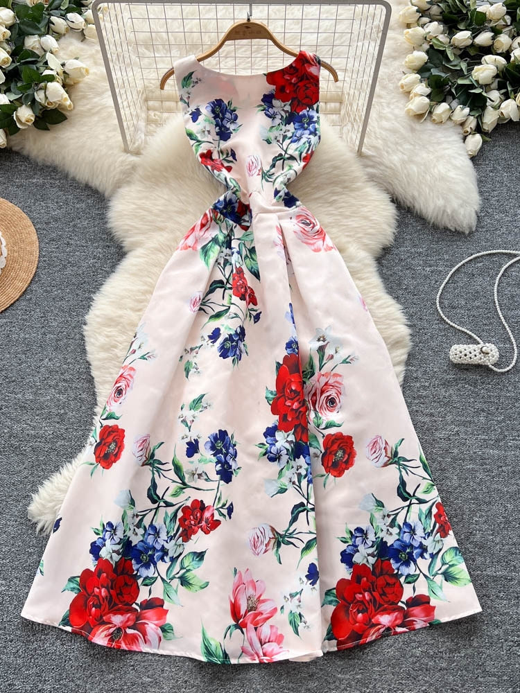 A-Line/Princess Scoop Printed Wedding Guest Dresses Tea-Length Sleeveless Floral