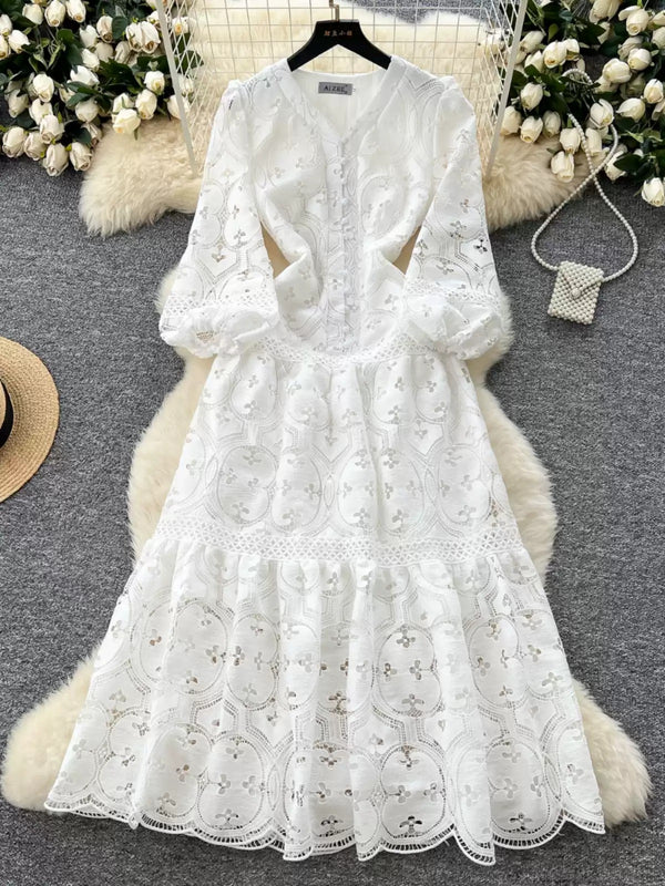 A-Line/Princess V-Neck Lace Wedding Guest Dresses Tea-Length 3/4Sleeves Floral