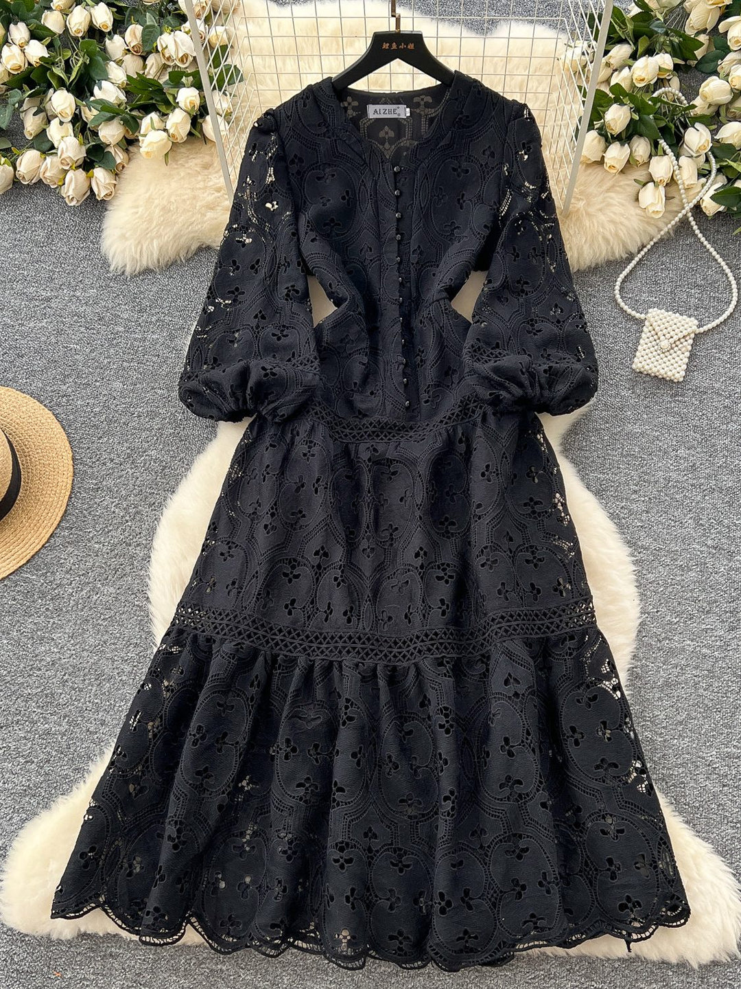 A-Line/Princess V-Neck Lace Wedding Guest Dresses Tea-Length 3/4Sleeves Floral