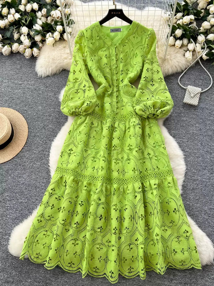 A-Line/Princess V-Neck Lace Wedding Guest Dresses Tea-Length 3/4Sleeves Floral