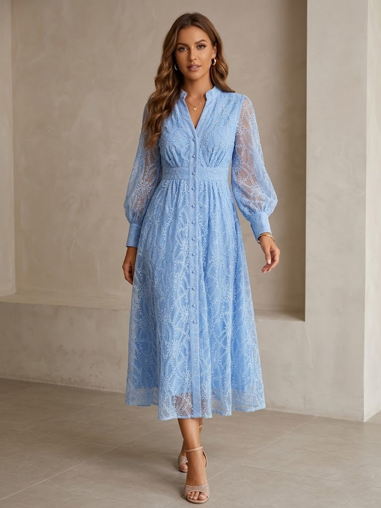 A-Line/Princess V-Neck Lace Wedding Guest Dresses Tea-Length Long Sleeves Floral