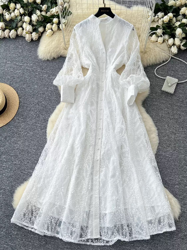 A-Line/Princess V-Neck Lace Wedding Guest Dresses Tea-Length Long Sleeves Floral