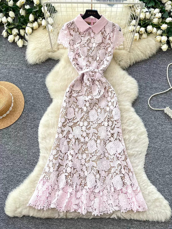 A-Line/Princess Shirt Collar Lace Wedding Guest Dresses Tea-Length Short Sleeves Floral