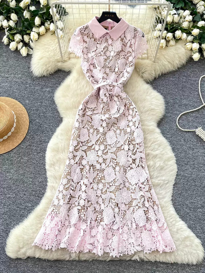 A-Line/Princess Shirt Collar Lace Wedding Guest Dresses Tea-Length Short Sleeves Floral