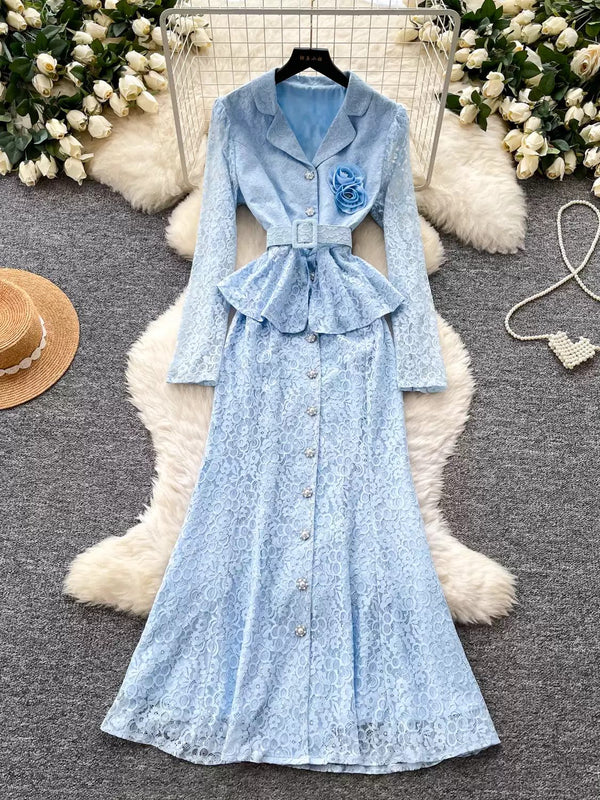 A-Line/Princess V-Neck Lace Wedding Guest Dresses Tea-Length Long Sleeves With 3D Flower&Belt