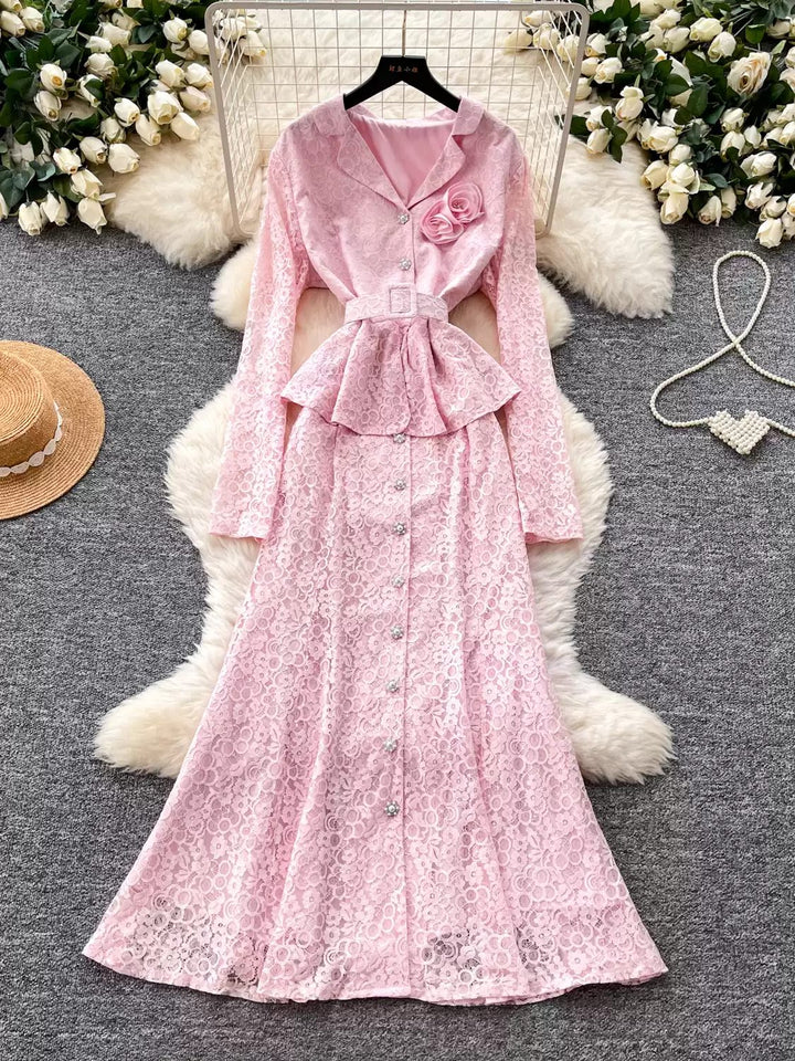 A-Line/Princess V-Neck Lace Wedding Guest Dresses Tea-Length Long Sleeves With 3D Flower&Belt