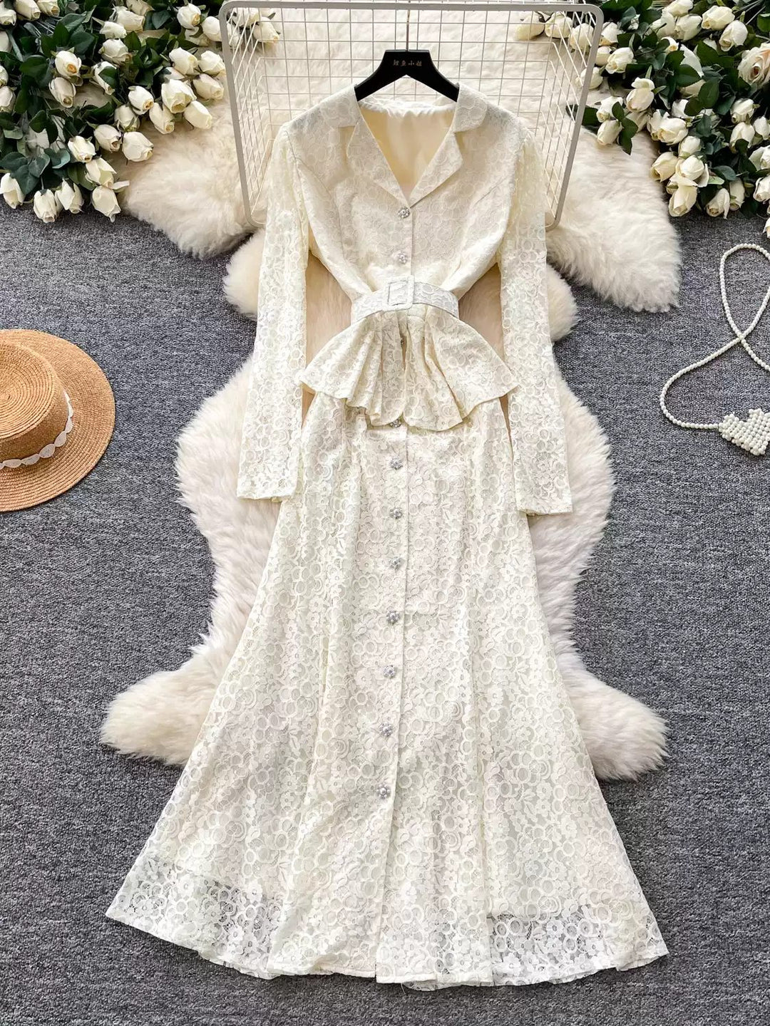 A-Line/Princess V-Neck Lace Wedding Guest Dresses Tea-Length Long Sleeves With 3D Flower&Belt