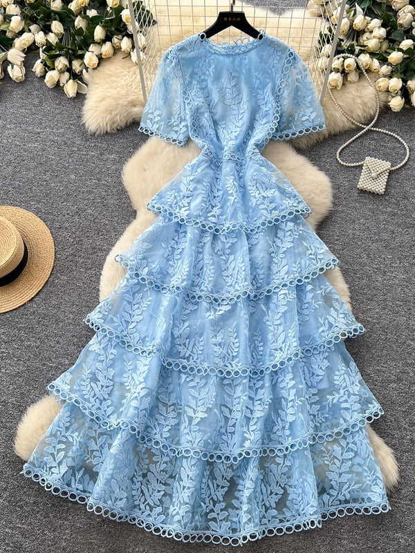 A-Line/Princess Scoop Lace Wedding Guest Dresses Tea-Length Short Sleeves