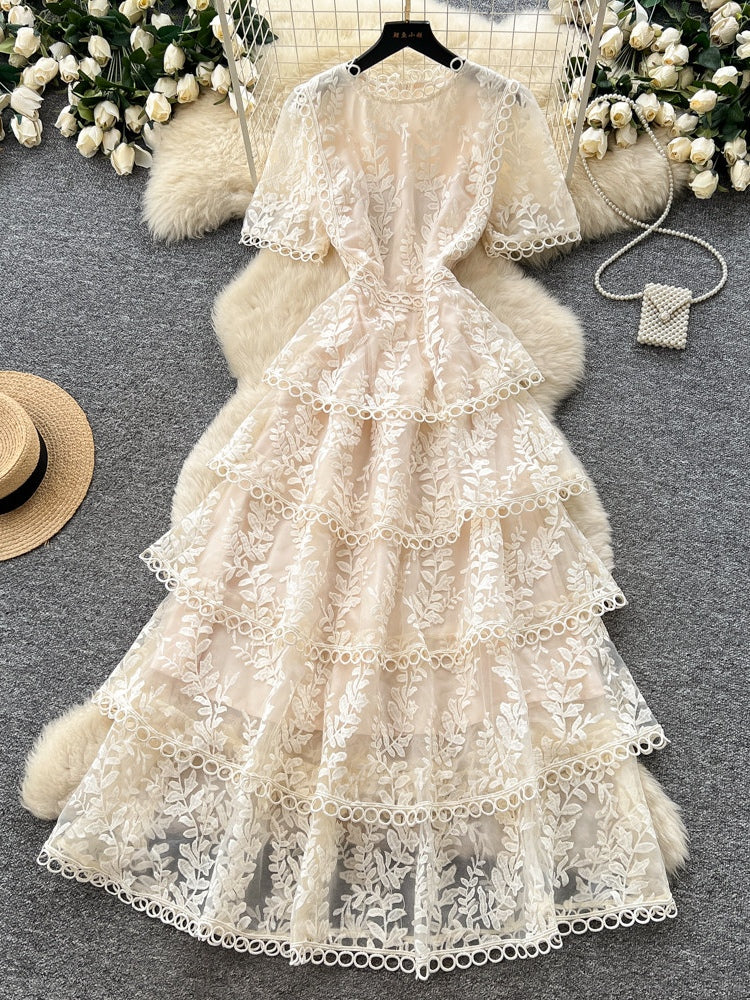 A-Line/Princess Scoop Lace Wedding Guest Dresses Tea-Length Short Sleeves White