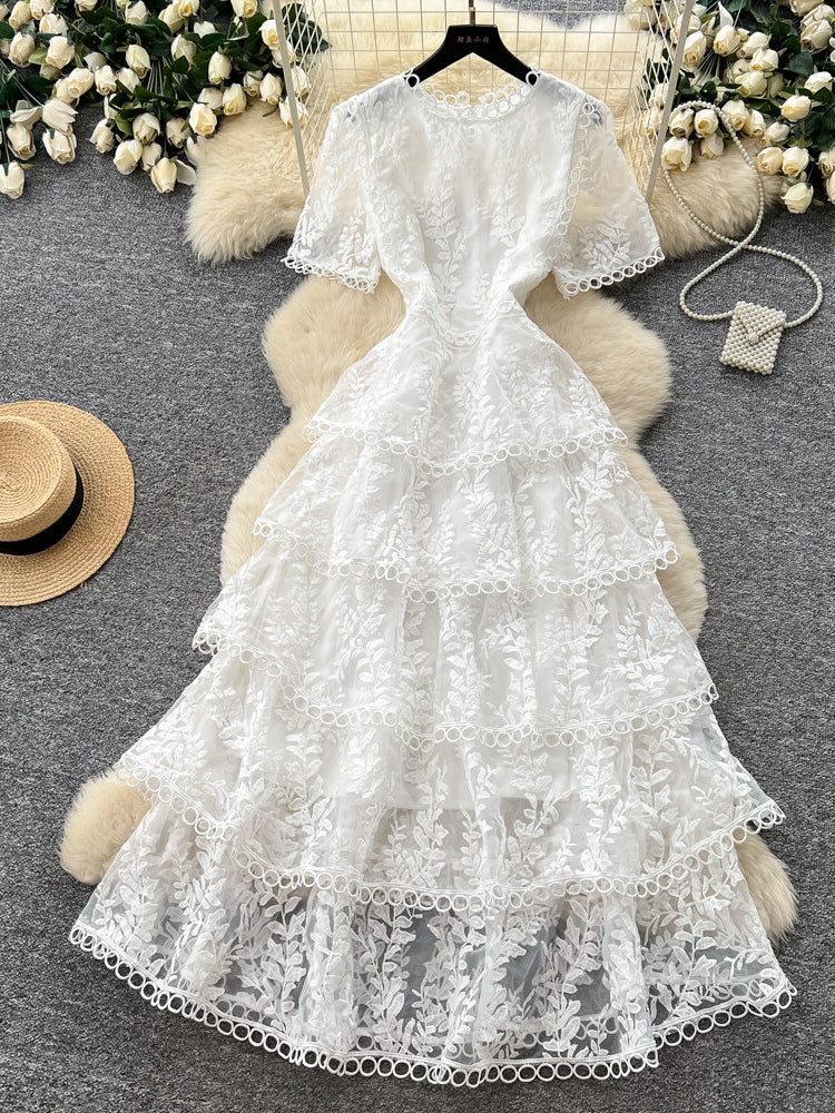 A-Line/Princess Scoop Lace Wedding Guest Dresses Tea-Length Short Sleeves
