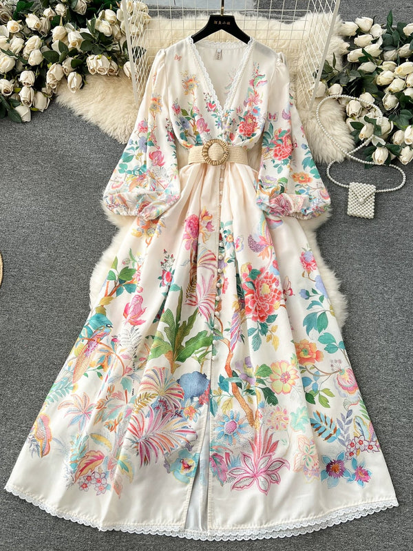 A-Line/Princess V-Neck Printed Lace Wedding Guest Dresses Tea-Length Long Sleeves Floral With Belt