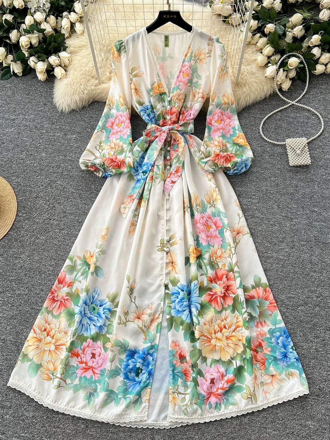 A-Line/Princess V-Neck Printed Lace Wedding Guest Dresses Tea-Length Long Sleeves Floral With Belt