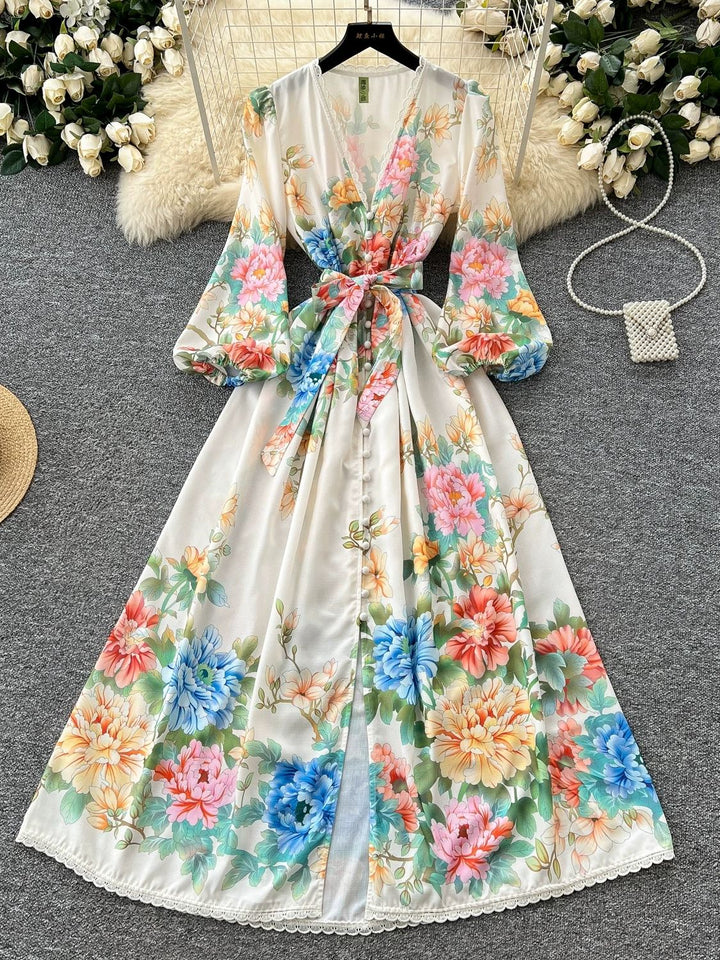 A-Line/Princess V-Neck Printed Lace Wedding Guest Dresses Tea-Length Long Sleeves Floral With Belt