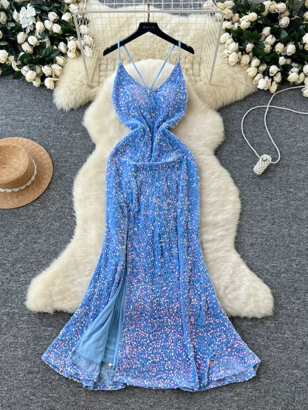 Sheath/Column Spaghetti Straps Sequins Wedding Guest Dresses Ankle-Length Sleeveless Split Side