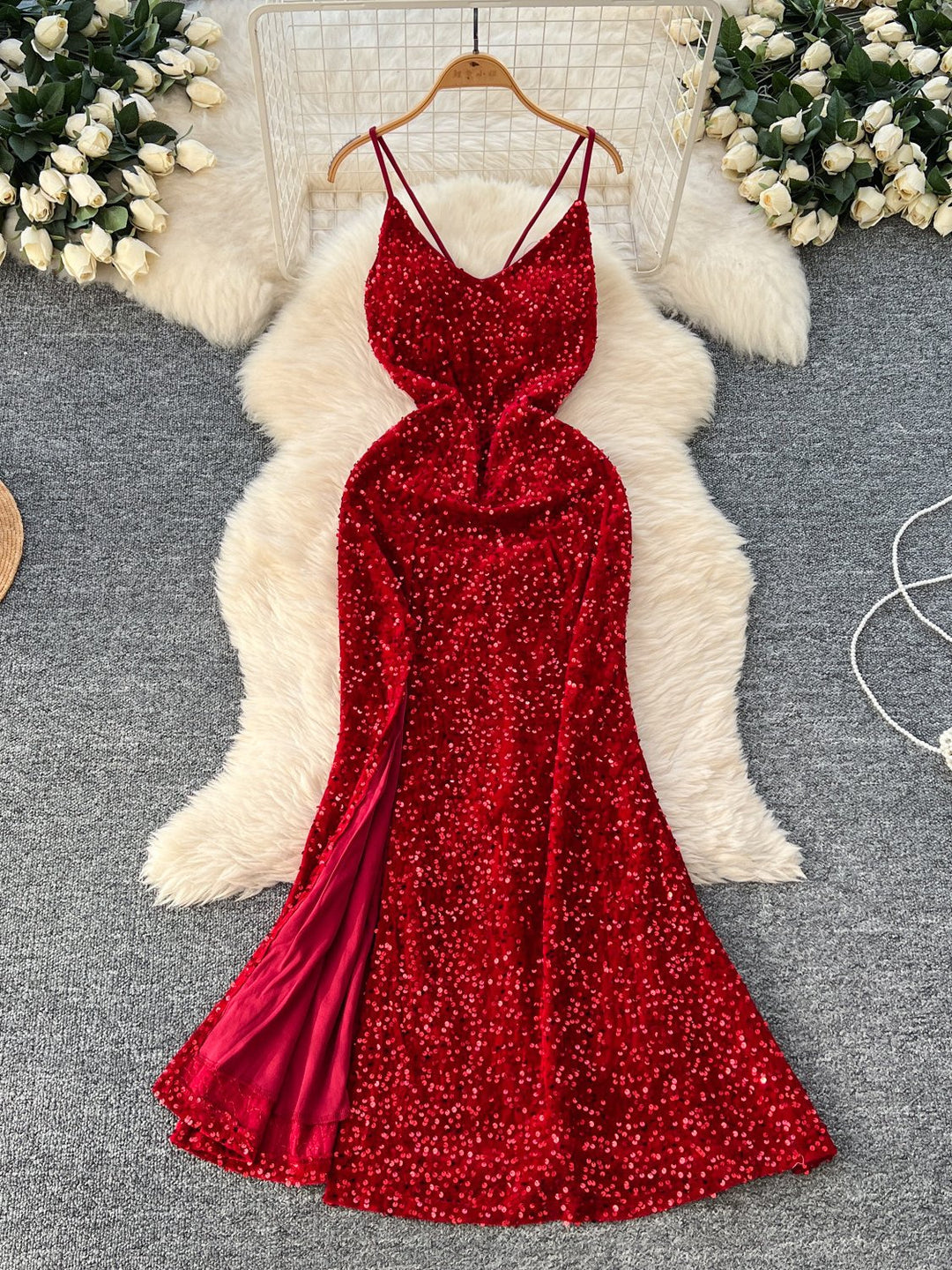 Sheath/Column Spaghetti Straps Sequins Wedding Guest Dresses Ankle-Length Sleeveless Split Side