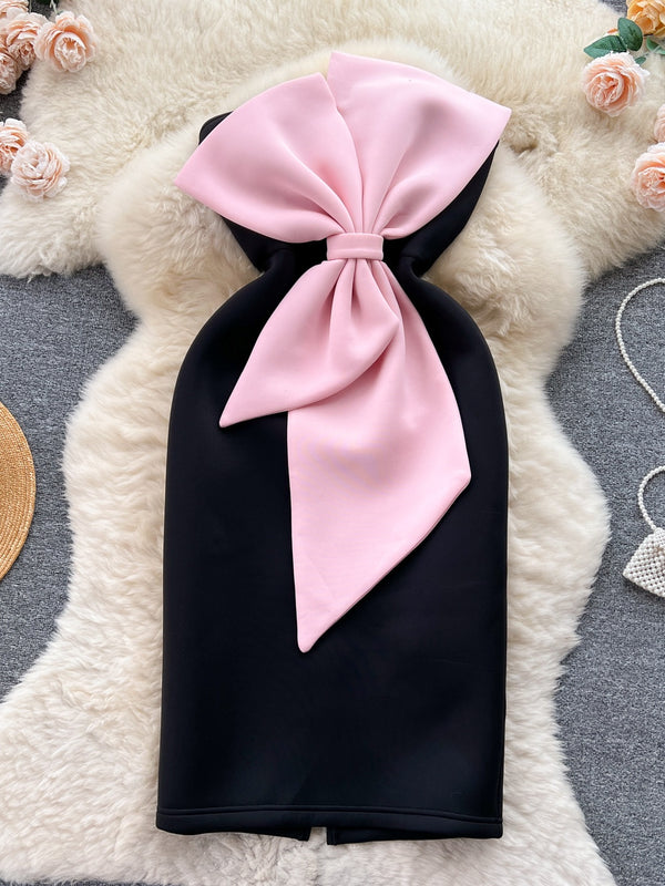 Sheath/Column Strapless Stretch Satin Wedding Guest Dresses Knee-Length Sleeveless Bowknot