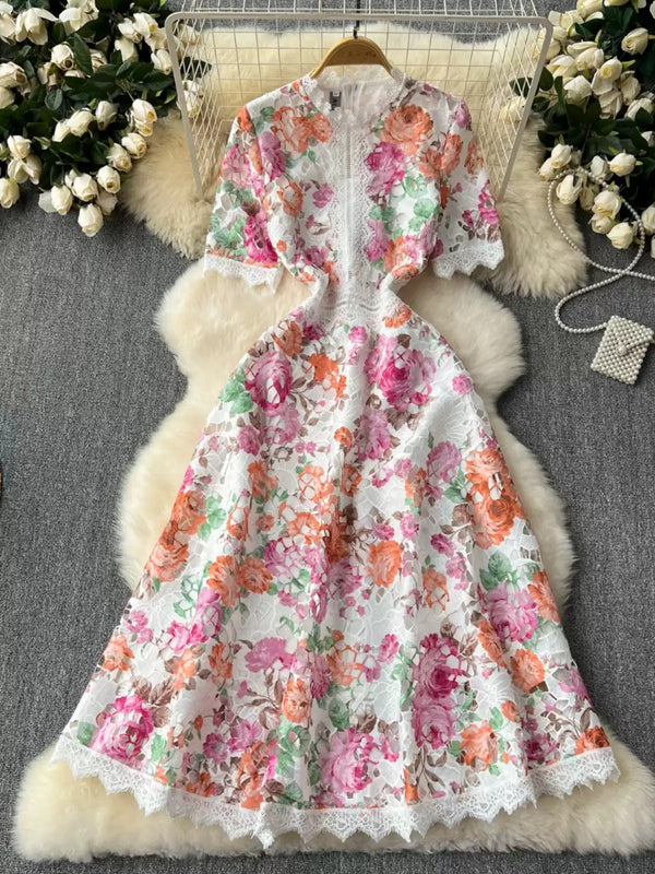A-Line/Princess V-Neck Printed Lace Wedding Guest Dresses Tea-Length Short Sleeves Floral