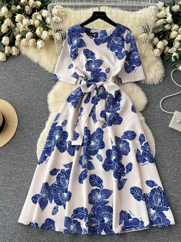 A-Line/Princess Scoop Printed Wedding Guest Dresses Tea-Length Short Sleeves Floral Bowknot