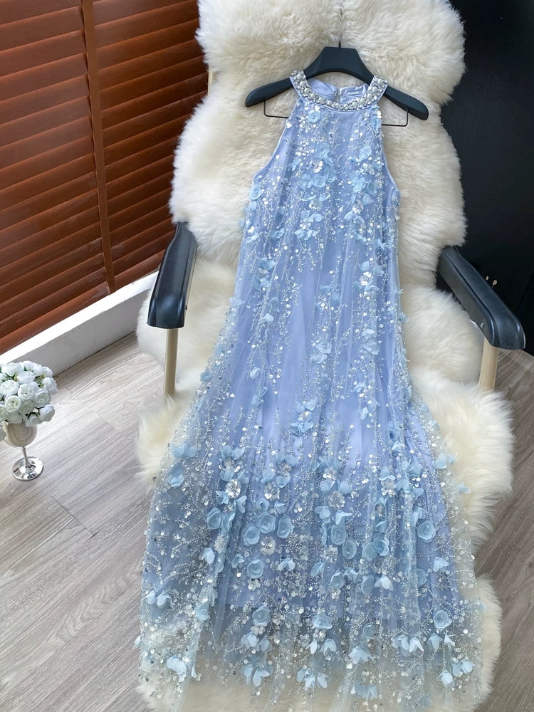 A-Line/Princess Halter Wedding Guest Dresses Ankle-Length Sleeveless With 3D Flowers&Sequins, Blue / S