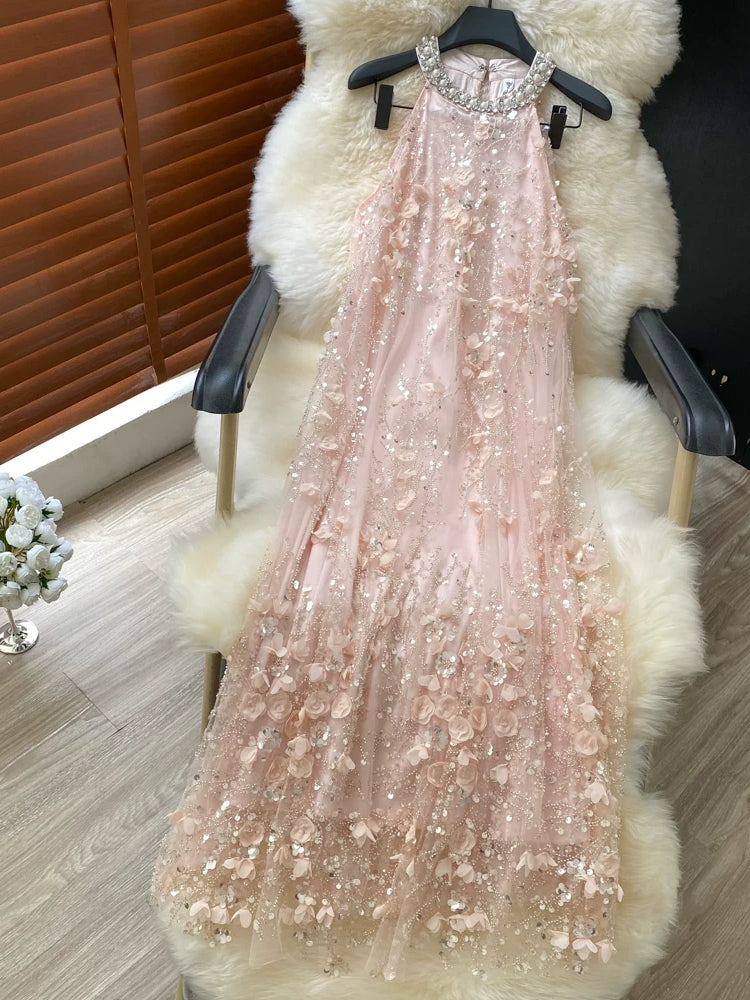 halter wedding guest dress A-Line/Princess Halter Wedding Guest Dresses Ankle-Length Sleeveless With 3D Flowers&Sequins, Blue / S