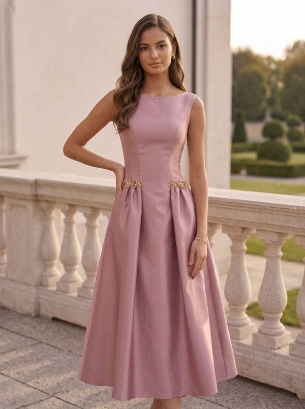 A-Line/Princess Scoop Satin Cocktail Dresses Sleeveless Tea-Length Rhinestone Formal Dresses