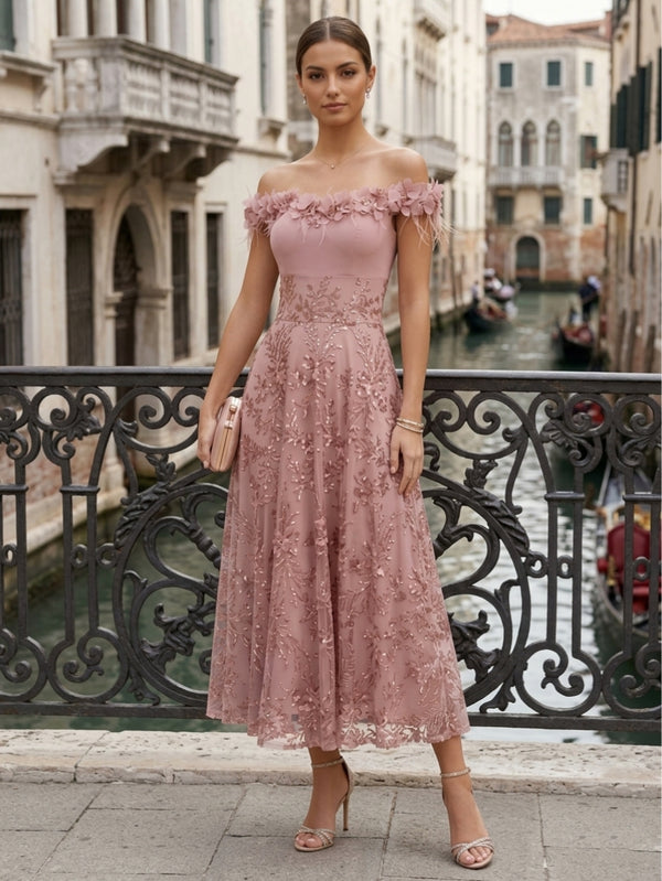 A-Line/Princess Off-the-Shoulder Lace Seuiqns Cocktail Dresses 3D Flower Sleeveless Floral Tea-Length Formal Dresses