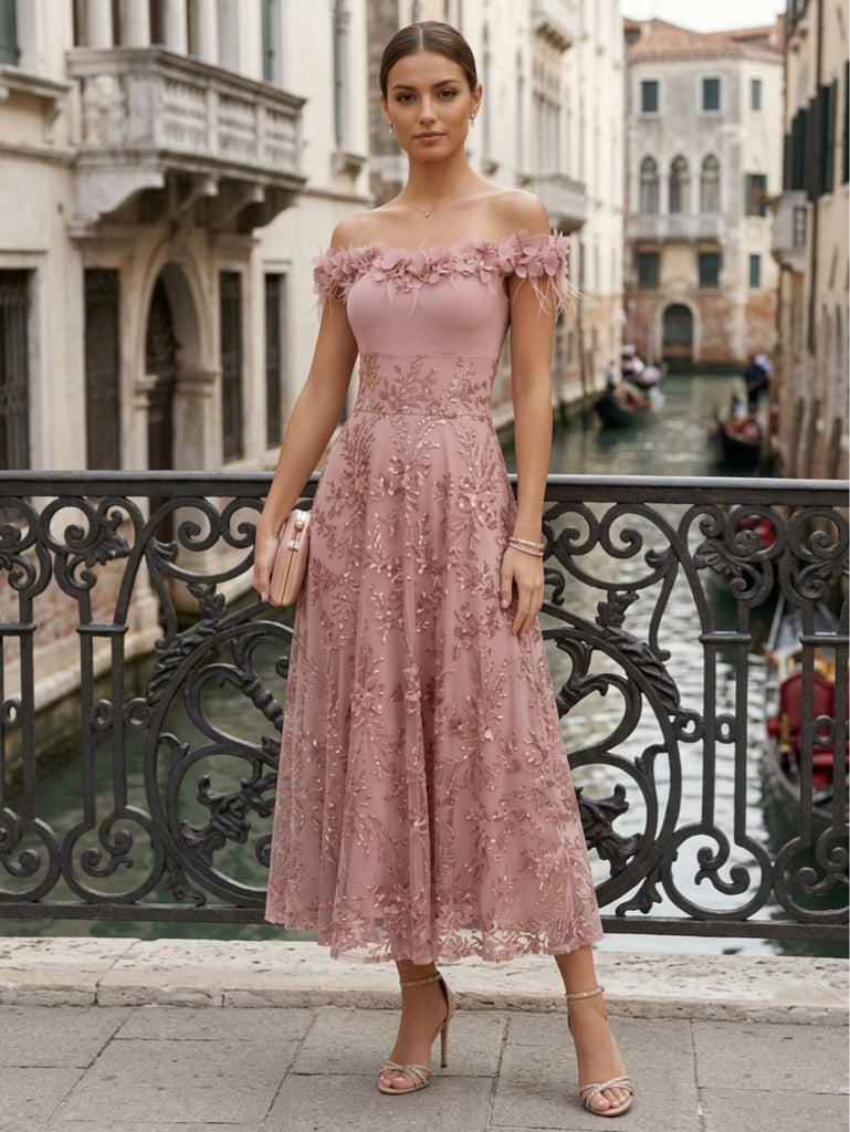A-Line/Princess Off-the-Shoulder Lace Seuiqns Cocktail Dresses 3D Flower Sleeveless Floral Tea-Length Formal Dresses Black