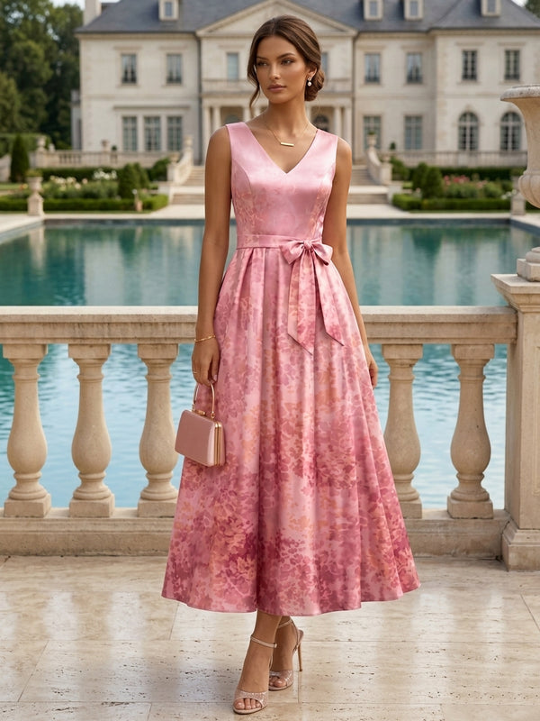 A-Line/Princess V-Neck Printed Cocktail Dresses Sleeveless Floral Tea-Length Bowknot Formal Dresses