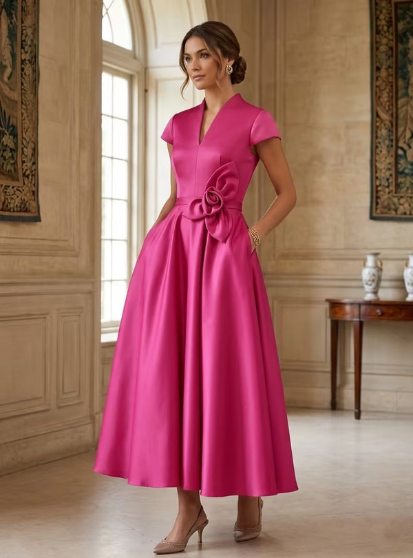 A-Line/Princess V-Neck Satin Cocktail Dresses with 3D Flower Cap Sleeves Tea-Length Formal Dresses